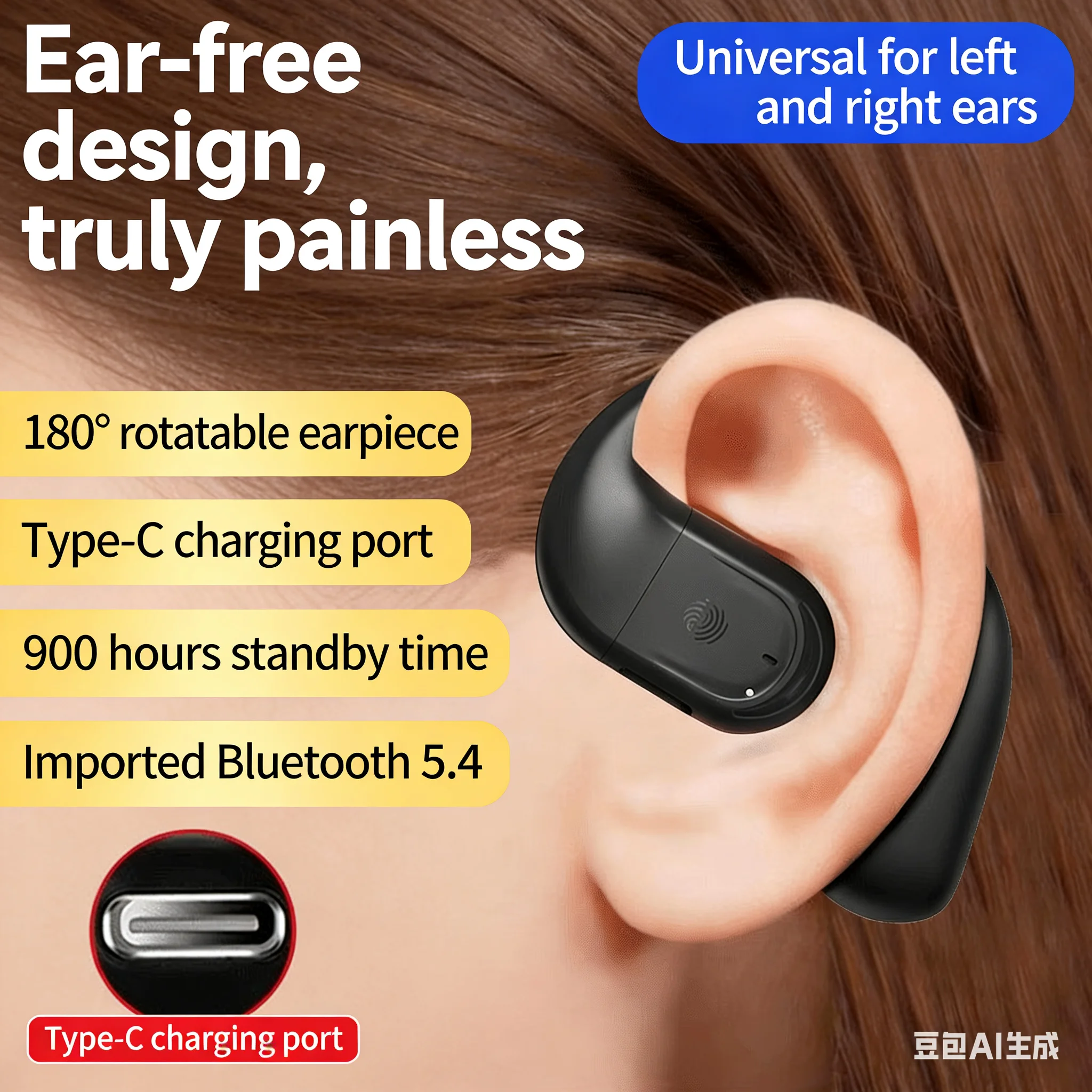 Bluetooth 5.4 Business Earphone Wireless Single Headphone with HD Mic Ear Hook HiFi Stereo Music Earbud for Xiaomi Samsung Phone — product photo 1 of 1