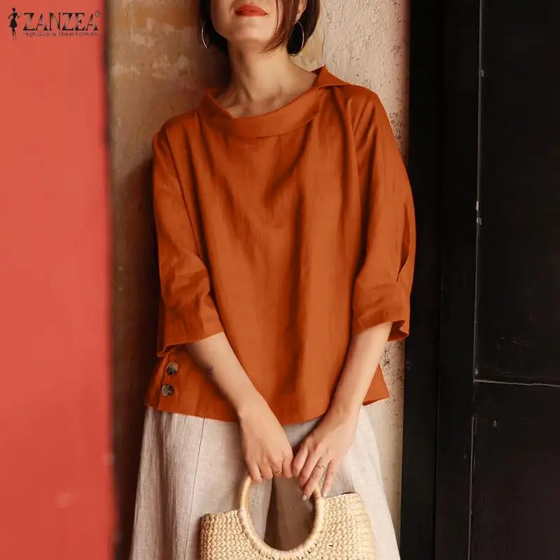 

Женские летние блузки ZANZEA с нестандартным отложным воротником, рукавами 3/4, однотонные топы, свободные повседневные блузы для весны и лета.