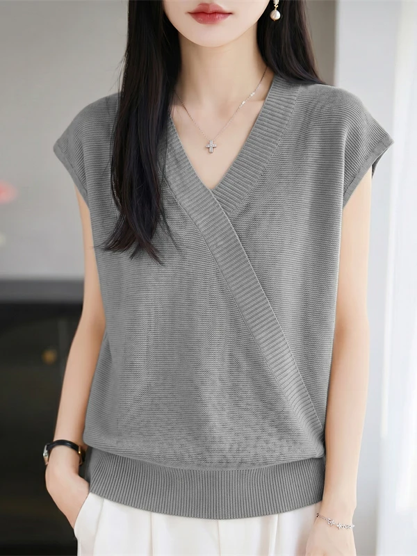 Light Maturity Style Cross V-neck Short Sleeve Knitted Women's T-shirt Summer Thin Gentle Style Small Flying Sleeve Top