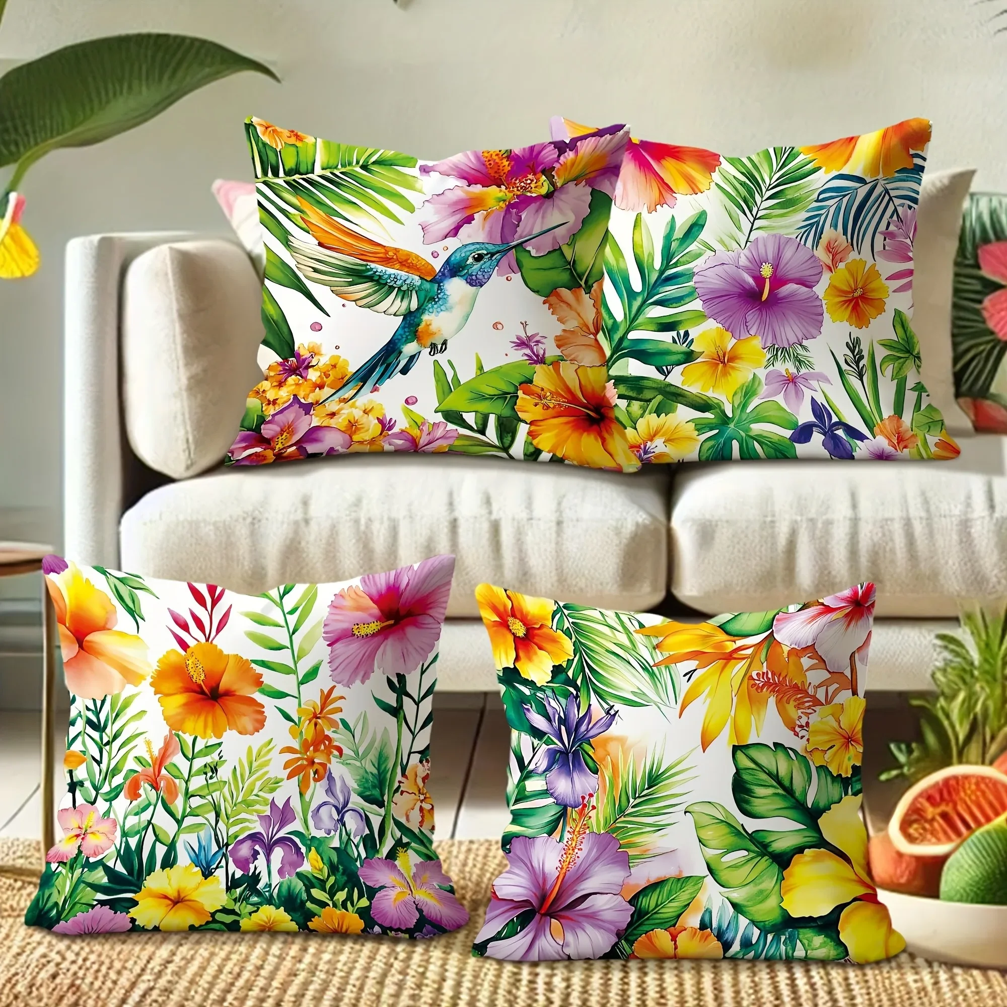 

Tropical Hummingbird & Floral Pillow Cases - Vivid Summer DecorLiving room sofa cushion cover, bedroom room decoration