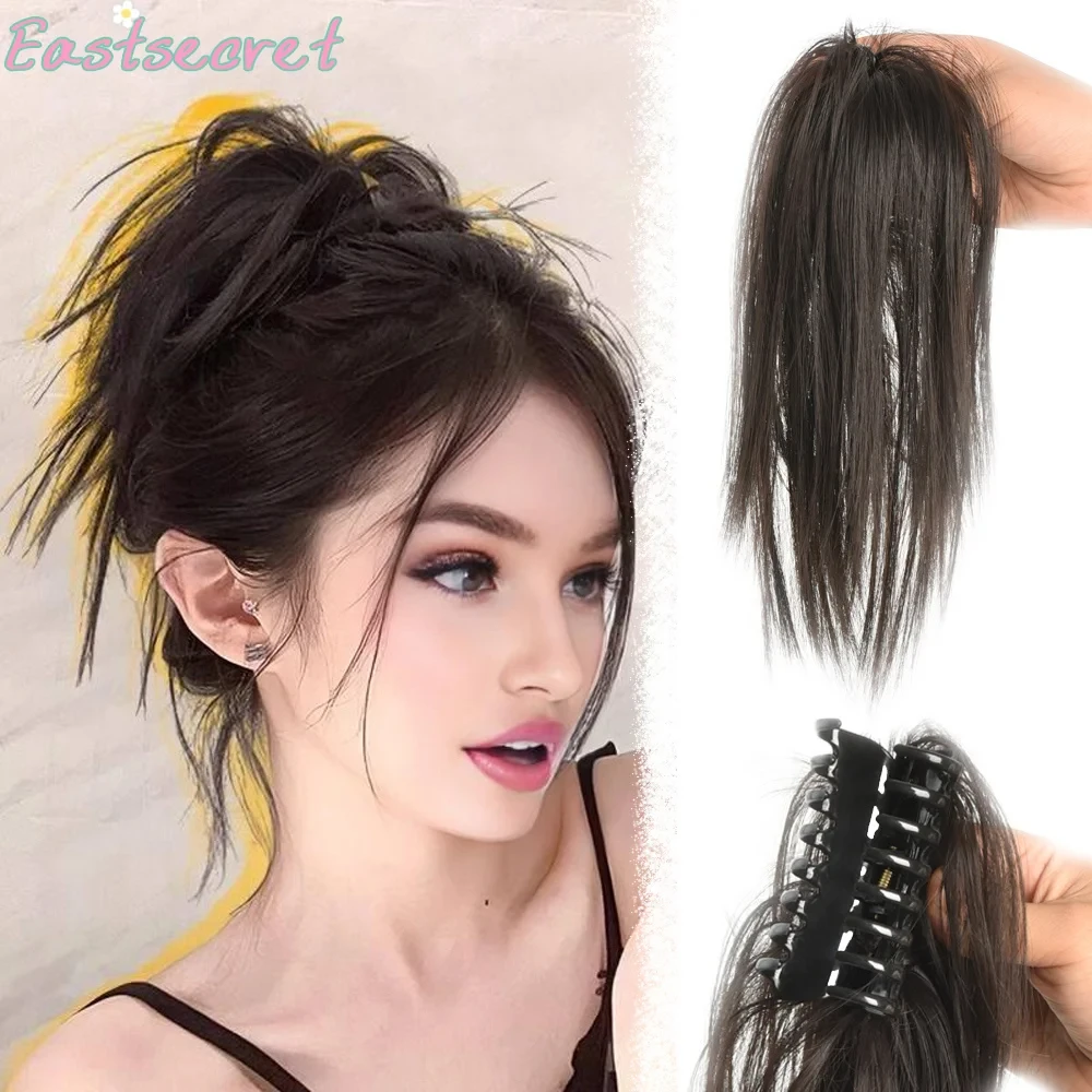EAST Chicken Feather Voluminous Hair Clip False Hair Ties bun Control Asian Hair Extensions Natural Black Ponytail extensions