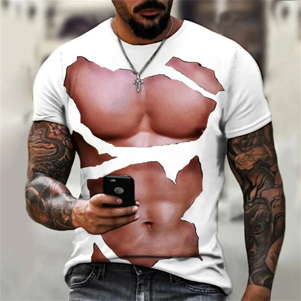 Summer Clothing Men T-shirt Abstract Funny Pectoral Muscle 3D Print Top Graphic Round Neck T Shirts Streetwear Clothes Oversizd