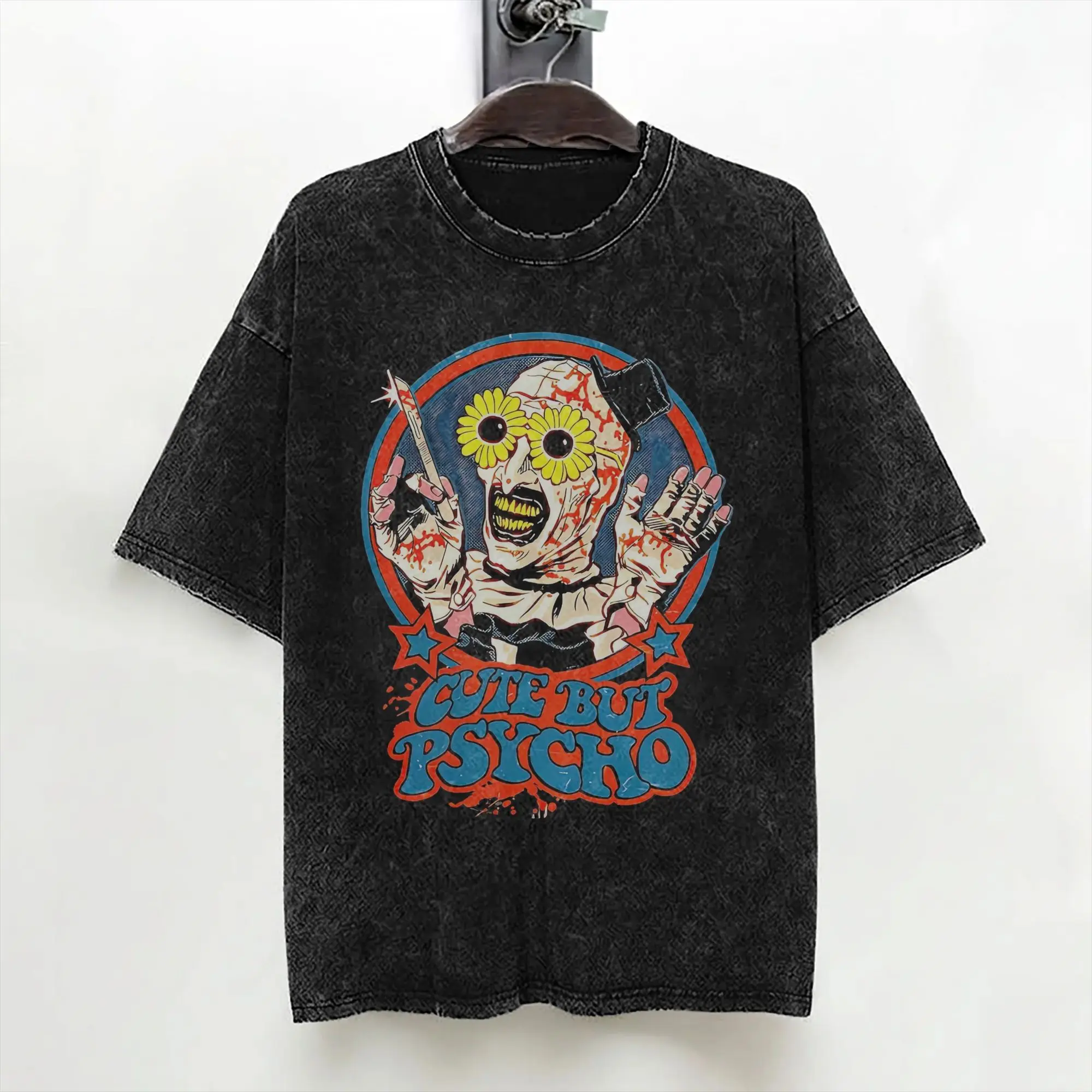 Cute but Psycho Terrifier T Shirts Washed Short Sleeve High Street T-Shirt Halloween Casual for Men Women Streetwear Summer Tees