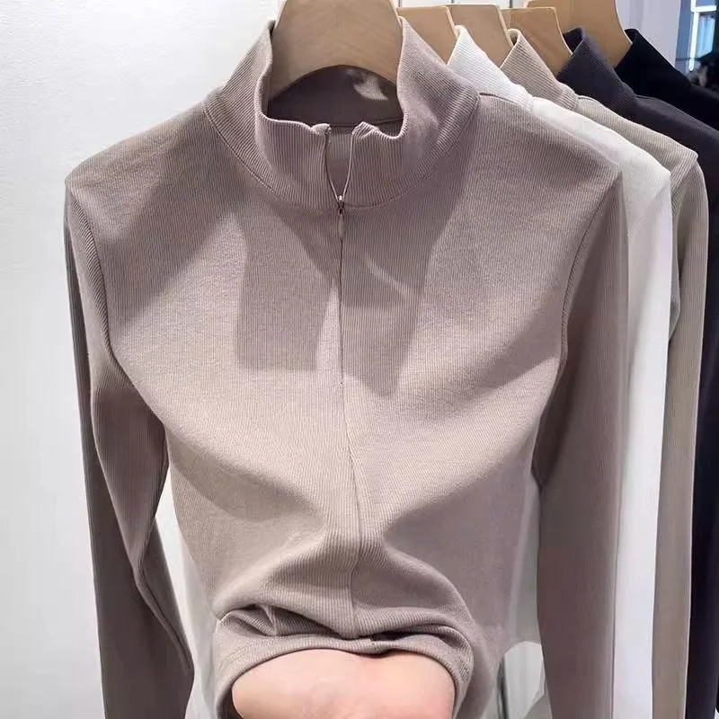 

plus Size Loose Fit Long Sve Stand Collar Zipper Top Women's Autumn Winter Faion Versatile Base Layer Korean Sle Jaet