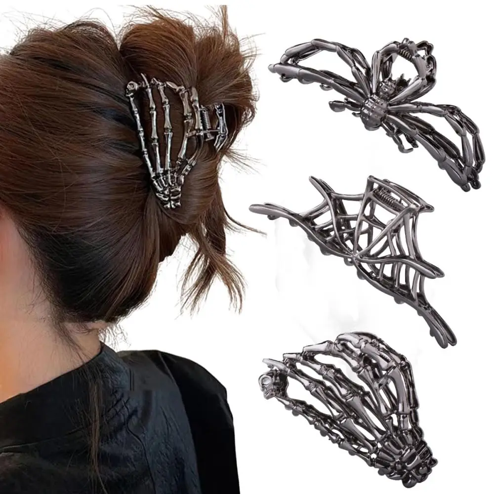 

3PCS Black Spider Web Skull Hair Claw Clips, Large/Medium, Hip-hop Style Gift.