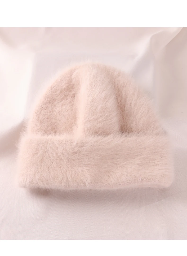 2023 Angora Flauschige Strickmütze Kaninchenfell Wintermütze für Damen Damen Mode Warmer Plüschschädel Damen Dicke Fleecemützen – Detail 26