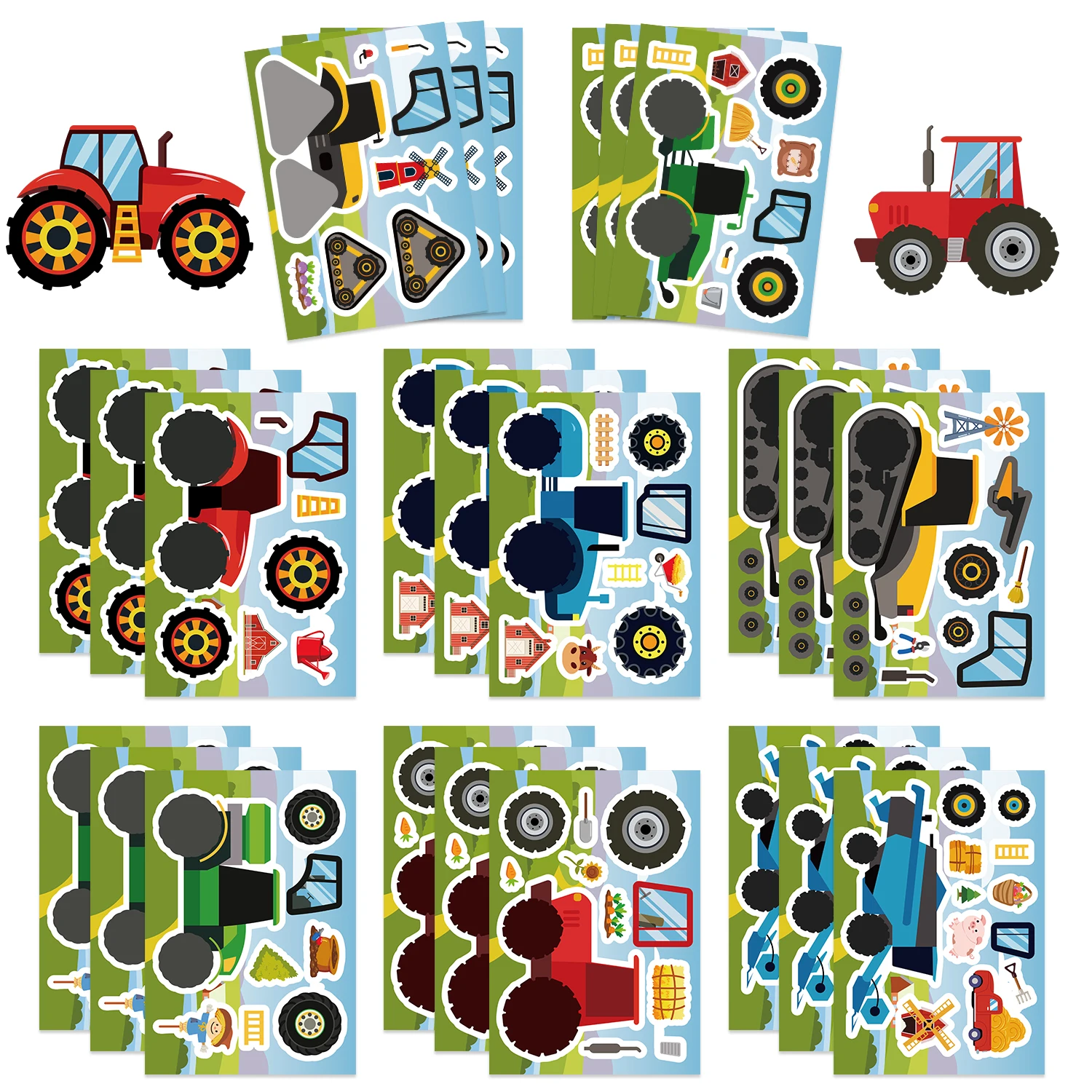 32 hojas de pegatinas de rompecabezas de Tractor agrícola para hacer una cara, rompecabezas de vehículos de construcción Rural, cuaderno DIY, suministros para fiesta de cumpleaños, juguete para niños