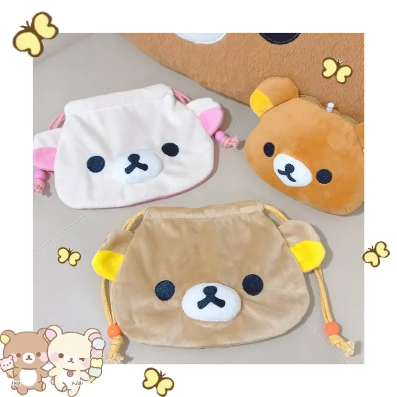 Cute and easy bear drawstring storage bag, girl cartoon handbag, portable drawstring camera bag, miscellaneous bag, makeup bag