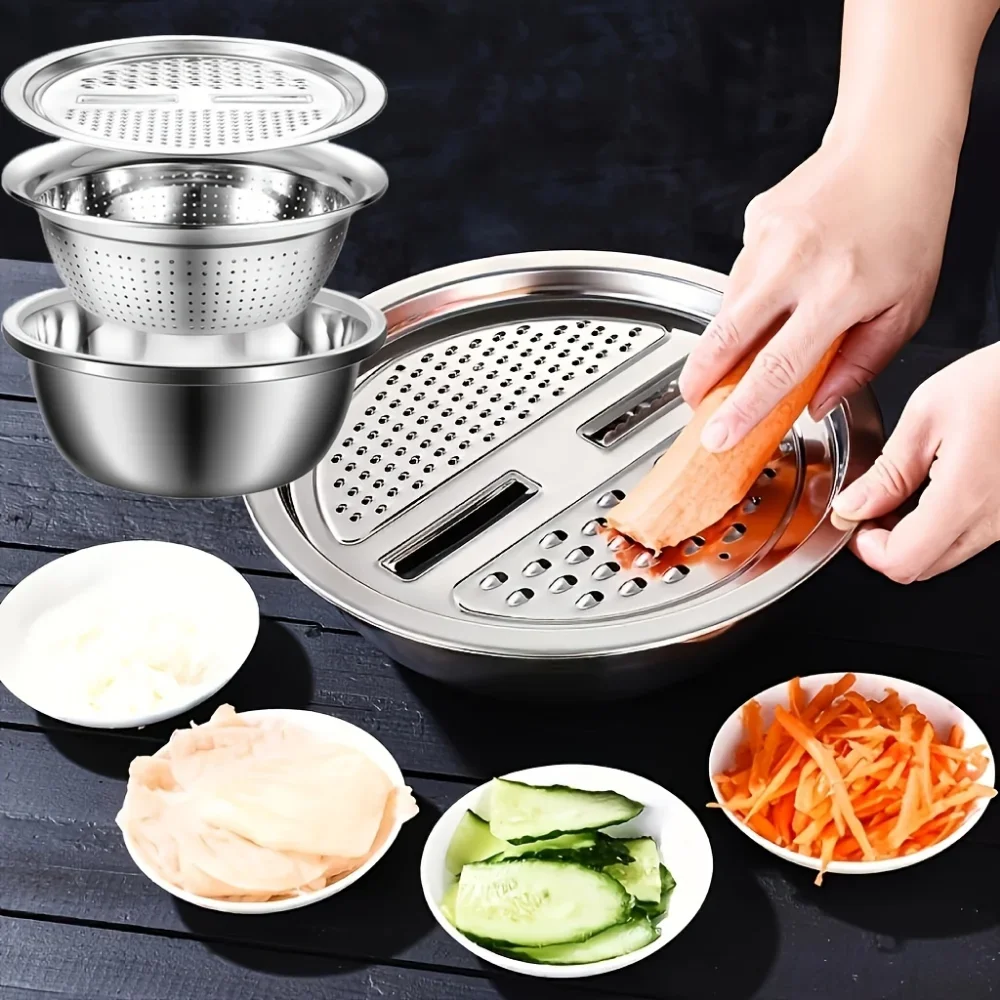 

3pcs Stainless Steel Multi-Functional Kitchen Grater Set Draining Bowl with Vegetable Washing Mandoline Slicer for Potato