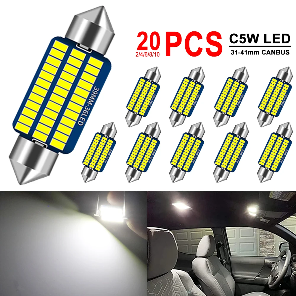 2/10/20PCS C5W LED-Glühbirnen Canbus Festoon 31/36/39/41mm LED für Auto-Innenraum, Kofferraum, Kennzeichenbeleuchtung, 12V, 300LM, 6500K, Weiß