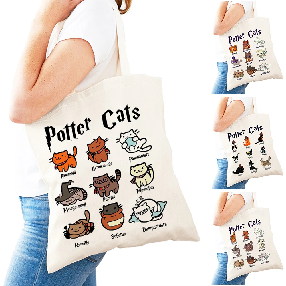 Potter Cats Lovely Child Gift Casual Women Shopping Bag Cute Cartoon Animal Double Print Canvas Tote Handbag Lady Shopper Bags