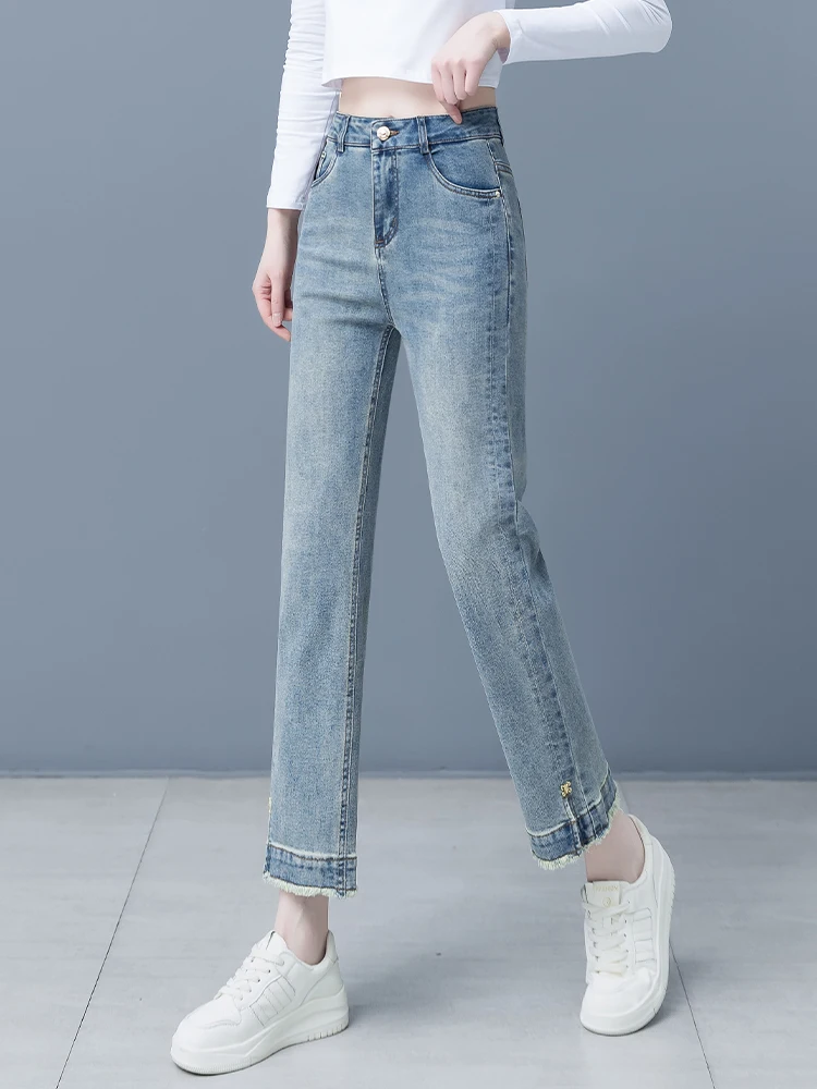 

High Waist Slimming Straight Leg Denim Jeans Women's Spring Autumn New Style Short Nine Points Frayed Cotton Elastic Fabric