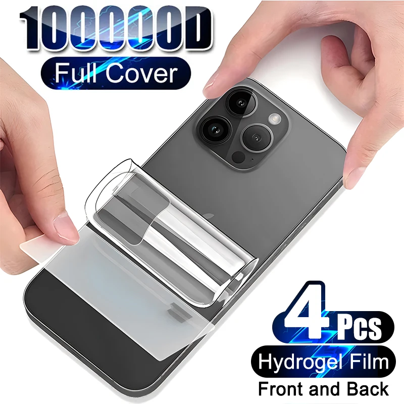 Película suave de hidrogel frontal y trasera para iPhone, Protector de pantalla para modelos de cobertura completa 13, 12, 11, 14, 15 Pro Max, Mini, 7, 8 Plus, X, XR, XS Max, 4 unidades