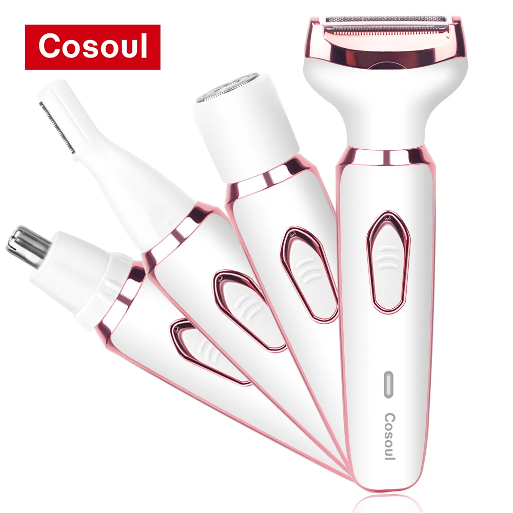 Cosoul 4-in-1 Elektrischer Rasierer für Frauen, Bikini-Trimmer, Körperhaarentfernung, Nasen- und Augenbrauen-Trimmer, Intimrasierer, Achselhaarentferner