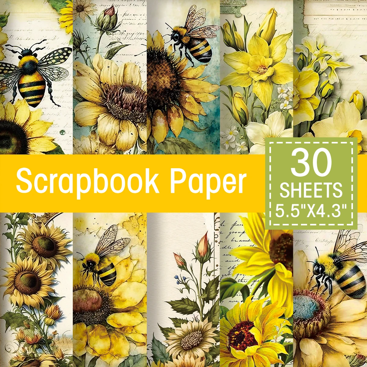 30Sheets Vintage Sunflower and Bee Scrapbook Paper Vibrant Artistic Backgrounds for Creative DIY Craft,Journaling & Scrapbooking