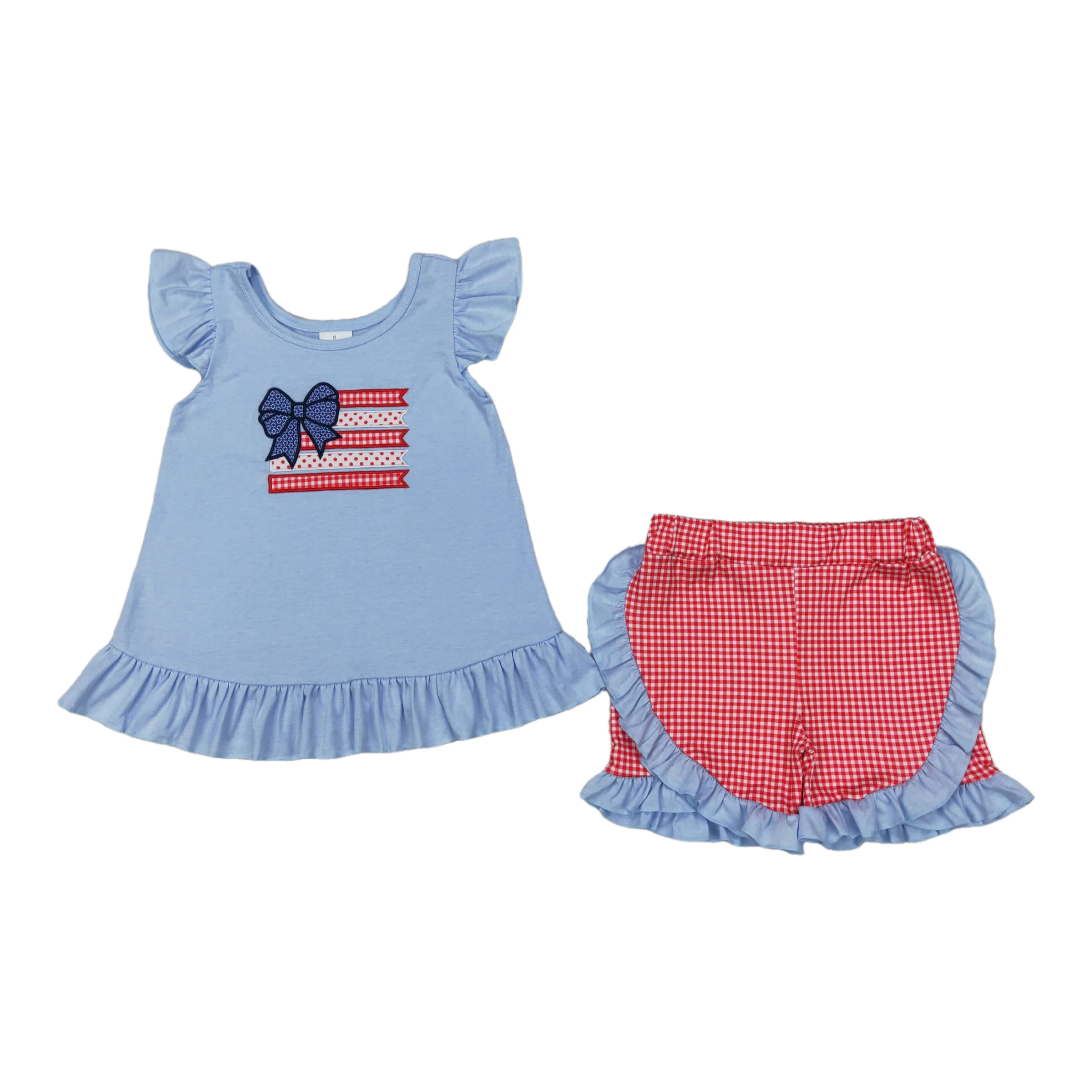 

Hot Sale Baby Girls Clothes Flags Bows Embroidery Tunic Tops Ruffle Shorts Sets 4th of July Boutique Kids Girls Clothing Outfits