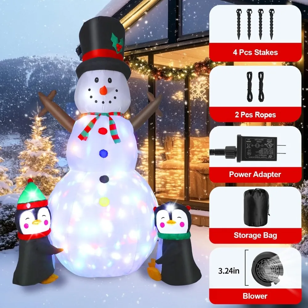 

Надувной снеговик с пингвинами, рождественское украшение для двора, встроенные красочные вращающиеся светодиодные фонари, праздничная вечеринка, сад