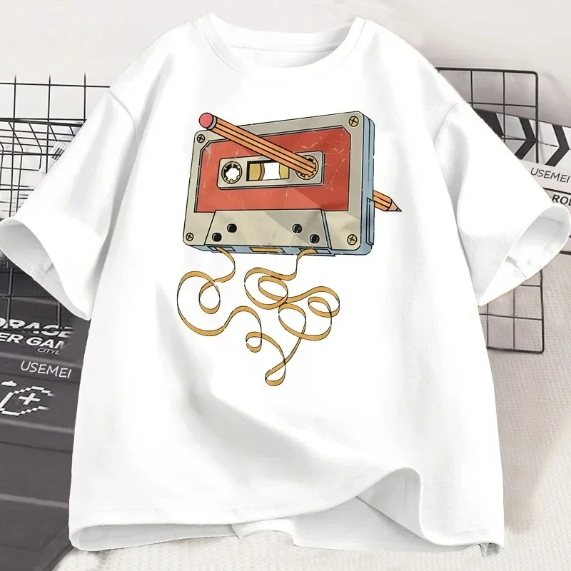 80s 90s Cassette Tape Pencil T Shirt 1980s Music Retro T-Shirt  Short Sleeve Casual Tee Shirt Harajuku Clothing