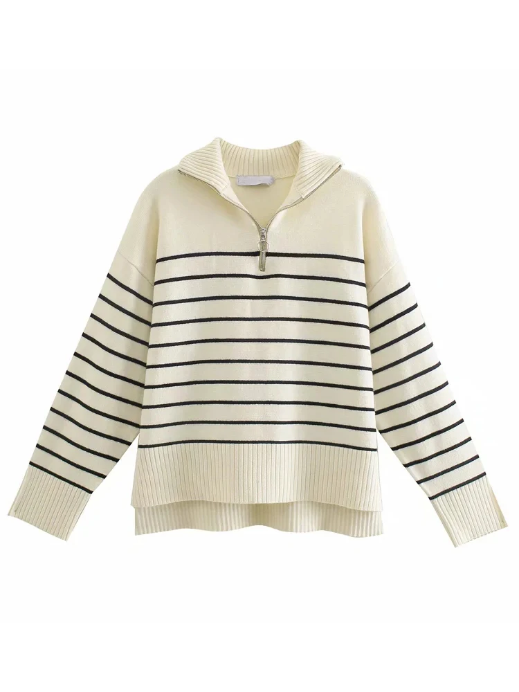 Wixra Women Sweater Striped Casual Zipper Mock Neck Split Knitted Ladies Pullover Loose Top Autumn High Streetwear