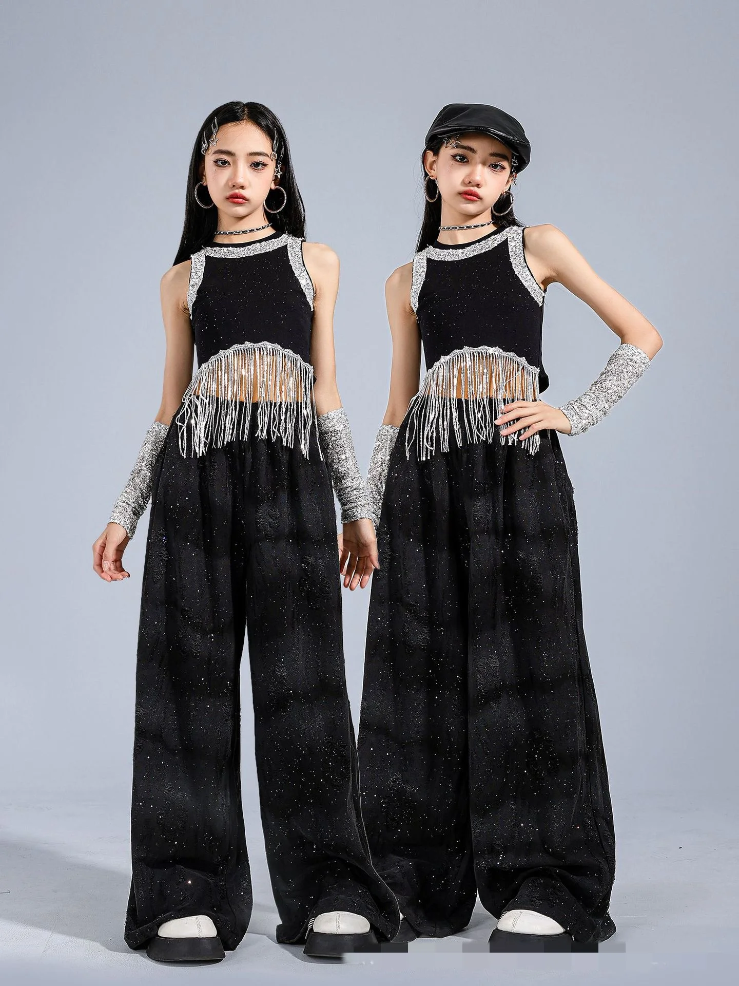 Girls Kpop Cheerleading Jazz Costume Hip Hop Dance Outfits Black Sequin Navel Tops Pants Concert Stage Performance Suit