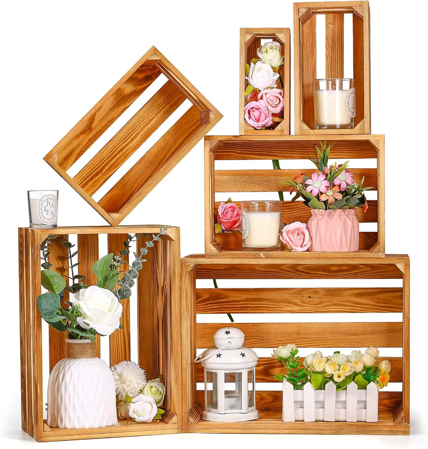 

Set of 6 Nesting Wood Crates for Farmhouse Storage, Display, and Christmas Decorations