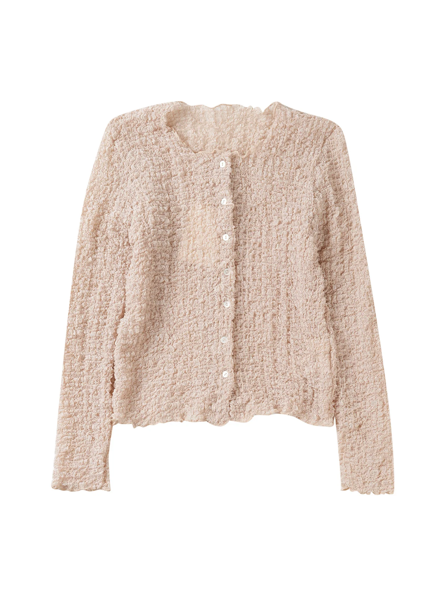 

Korean Style Button Long Sleeve round Neck Ruffle Open Cardigan Shirt Breathable Skin-Friendly Short Length Pure Color