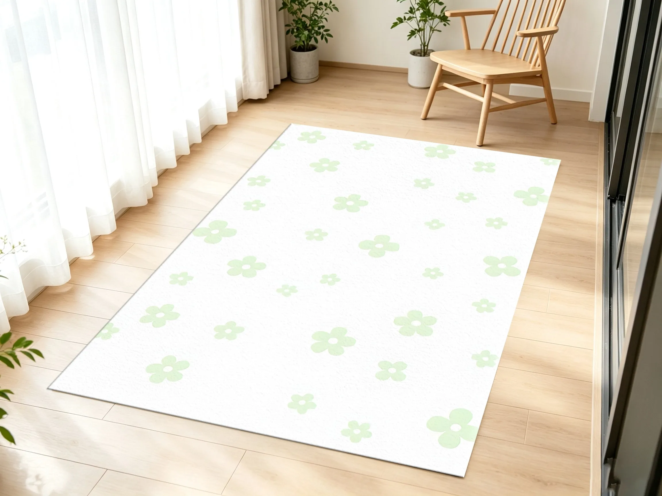 Light Green Floral Velvet Rug, Fresh Spring Decor for Bedroom, Living Room & Children's Room, Soft & Cozy