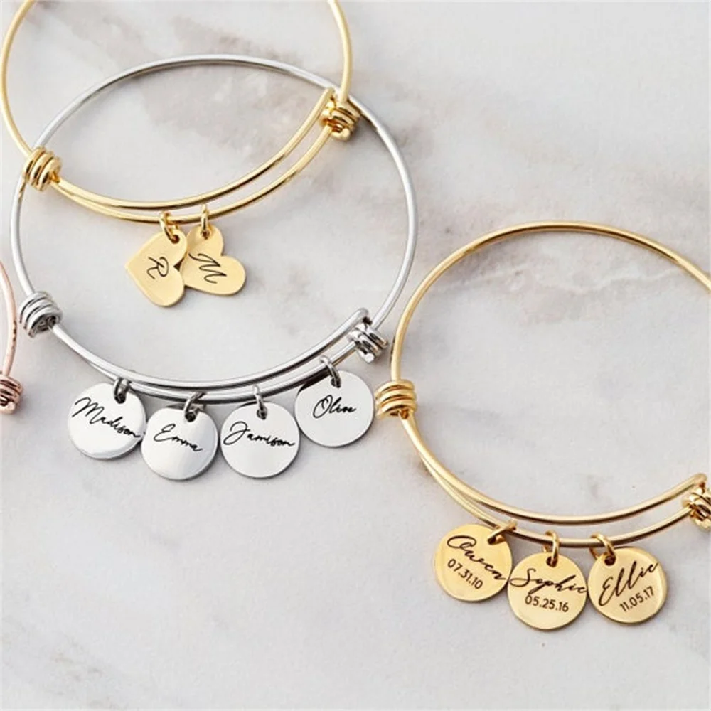 Customized Engraved 1-3 Names Bracelets Personalized Custom Round Heart Bangle for Women Boy Girl Bracelets Beautiful Gift image 4