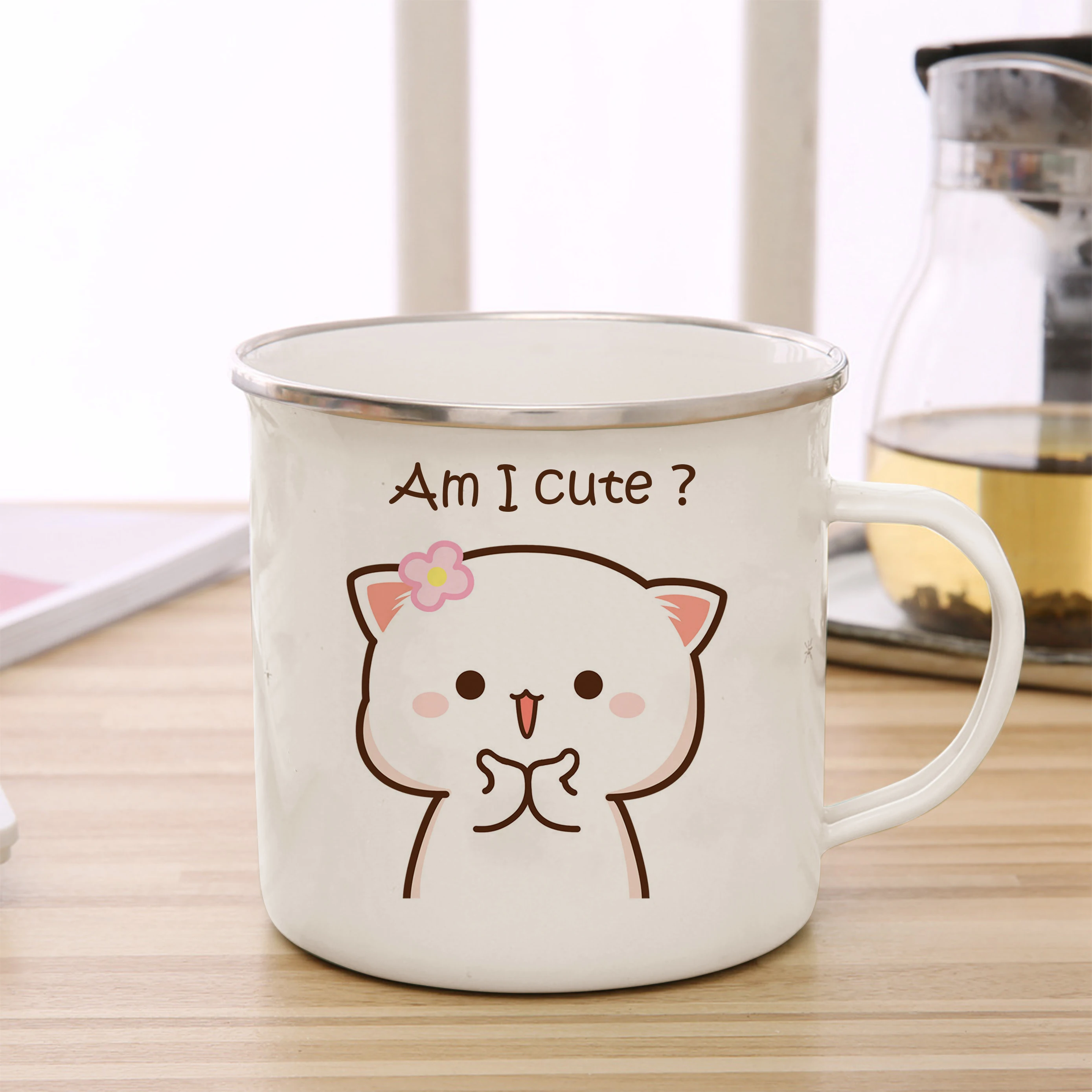 Peach and Goma cat enamel coffee tea cup cute animal breakfast dessert milk water cup couple gift