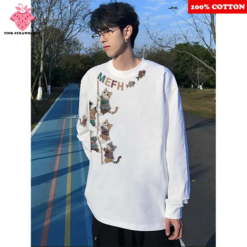 

American Street Cat Print T-shirt Men Autumn 2025 New 100% Cotton White O-Neck Long sleeves Tee Casual Y2k Tops kawaii clothes