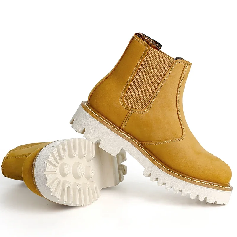PF Herren-Motorradstiefel aus echtem Leder, rahmengenähte Goodyear-Welted-Arbeitsstiefel, lässige runde Zehen-Gelb-Cowboystiefel für Damen in der Mitte der Wade