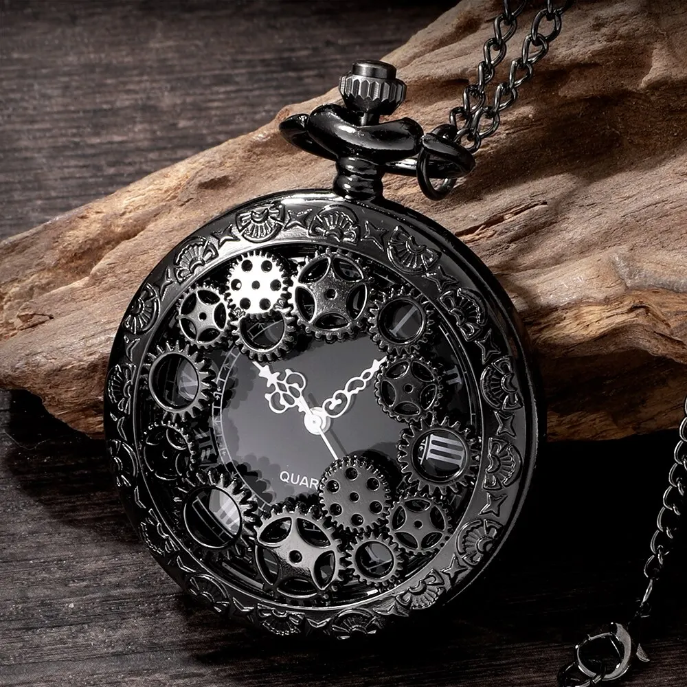 Steampunk Copper Vintage Hollow Gear Hollow Quartz Pocket Watch Necklace Pendant Clock Chain Men Women with Chain Gifts