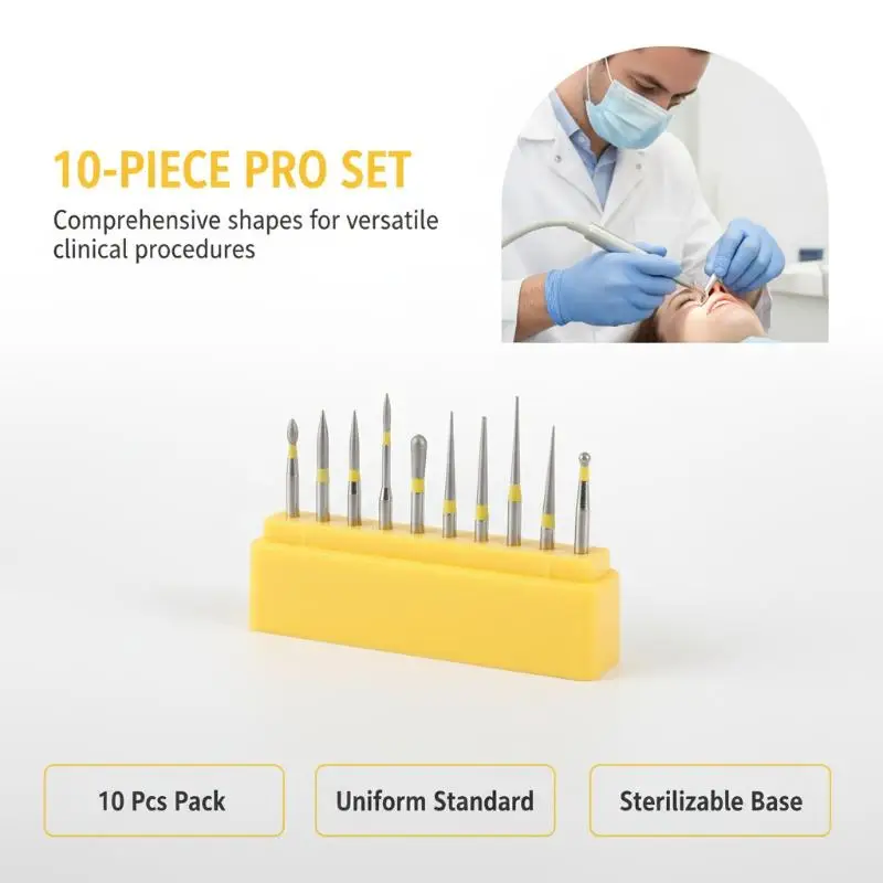 10Pcs Precision Laboratory Diamond Burs FG 1.6mm Shank Extra Fine Yellow Ring Polishing Set For Detailed Laboratory Finishing