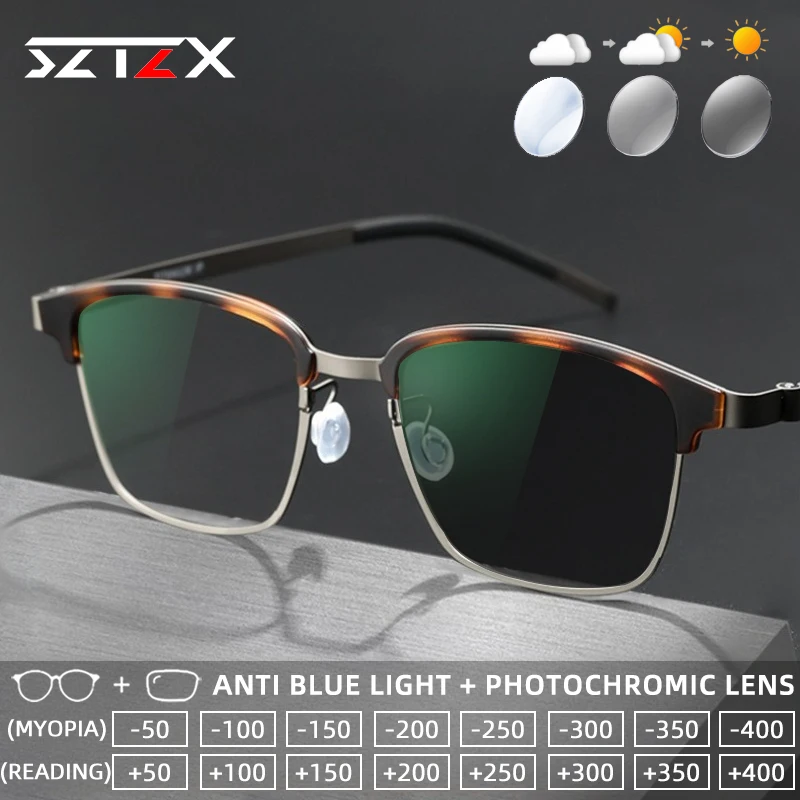 

SZTZX Business Titanium Screwless Photochromic Reading Glasses Anti-Reflective Myopia Glasses Progressive Prescription Eyewear