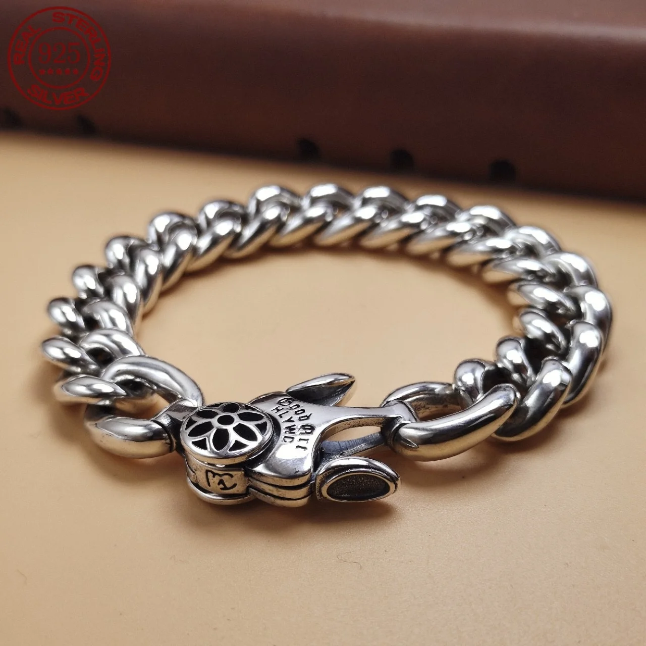 Biker punk trend master overbearing 925 silver bracelet men's jewelry wide face thick smooth retro simple fashion bracele