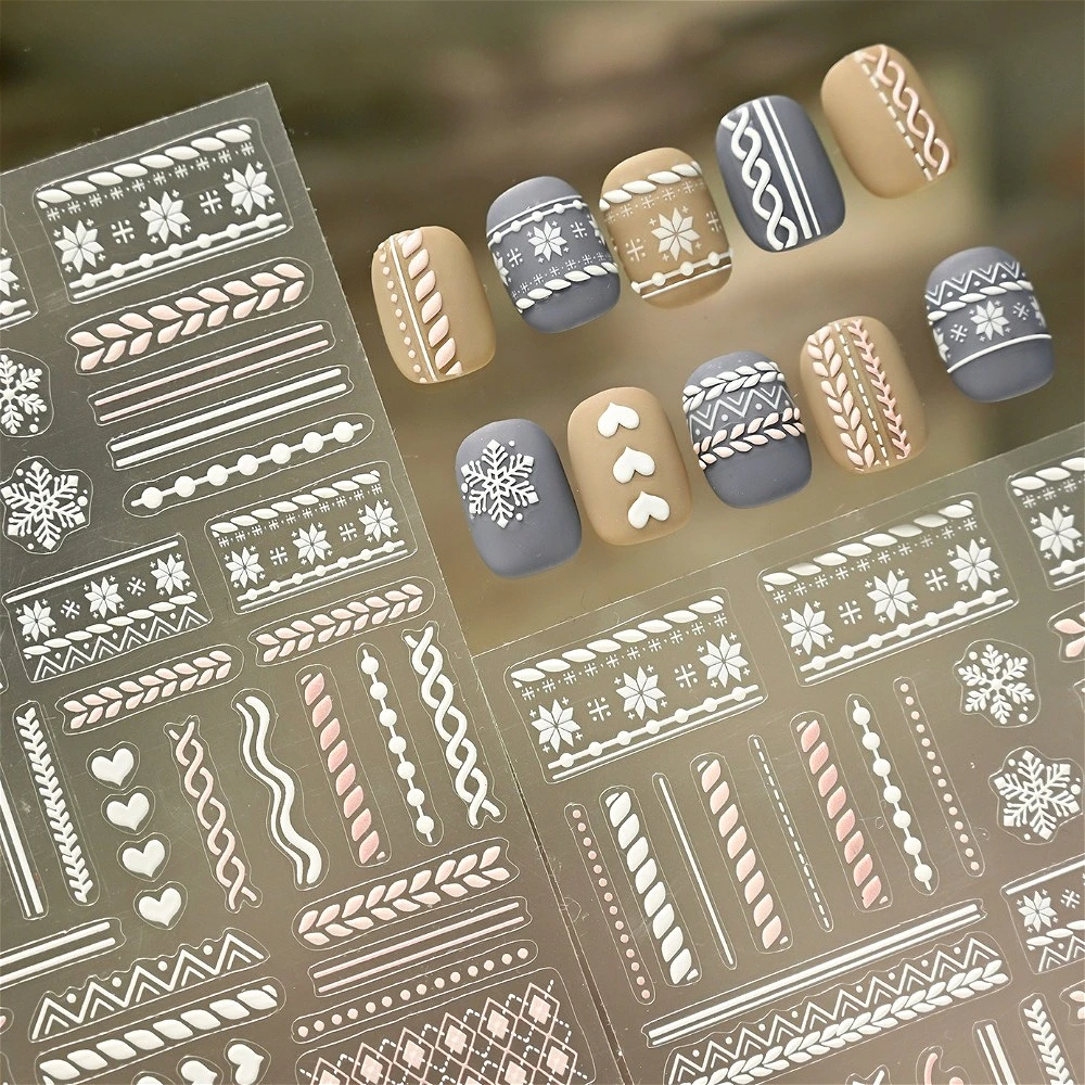 

Autumn Winter Snowflake Sweater Knitted Pattern 5D Embossed Self Adhesive Nail Art Stickers Shiny 3D Manicure Decals Wholesale