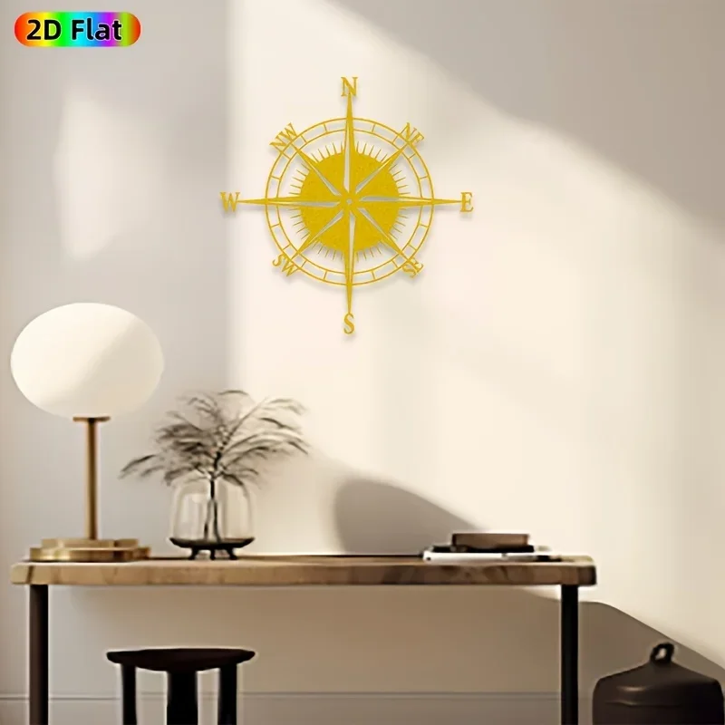【2D Flat】Geometric Compass Rose Wall Sculpture – Gold/Black Metal Art for Home, Office & Courtyard – Ideal Gift