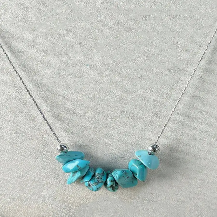

Handmade Genuine Turquoise Irregular Chips Beaded Adjustable Necklace Silver Tone Chain Fashion Jewelry Gift for Her