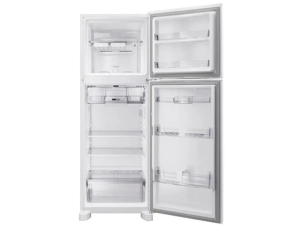 Interior vazio da geladeira Brastemp Duplex Frost Free com prateleiras e gavetas