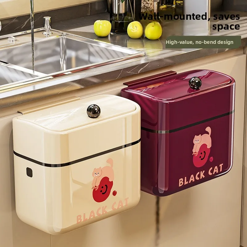 Household Kitchen Wall-mounted Trash Can, Square Shape, with Lid, Hanging Type, No Bending Over Required.