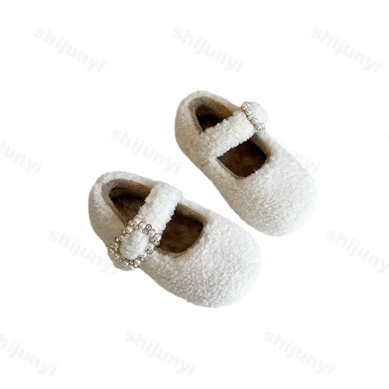 Children Winter Shoes 2024 New Lambs Wool Cotton-Padded Shoes Girls Fashion Pearl Buckle Warm Casual Shoes Plush Soft Kids Flats