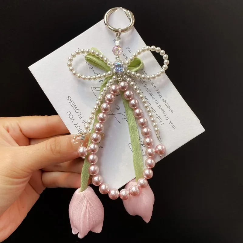 Новый корейский сладкий жемчужный бант, цветок тюльпана, брелок с подвеской в виде сердца, эстетический брелок для ключей для девочек, сумка, подвеска, аксессуары