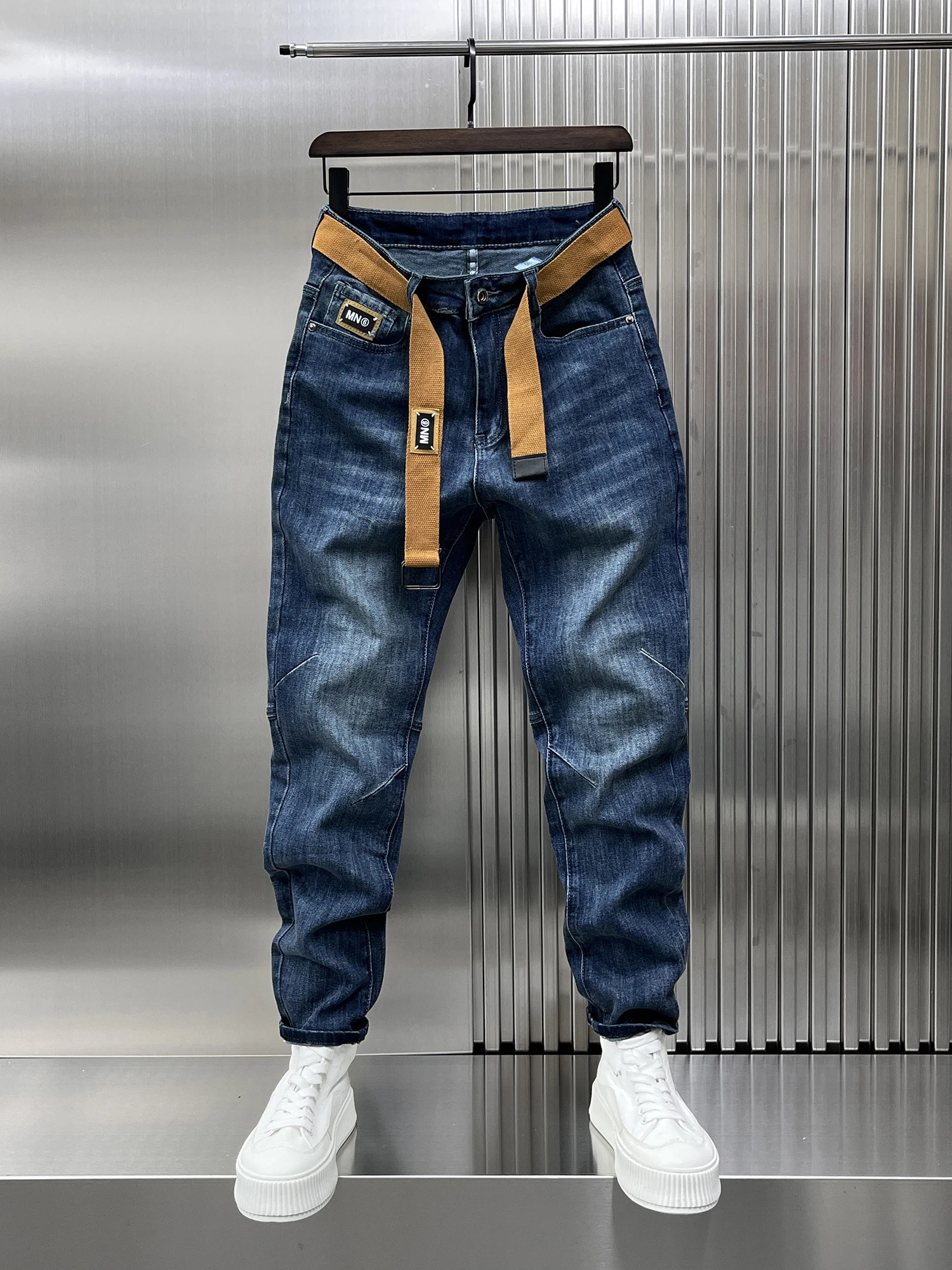 

Модные синие джинсы из денима для мужчин, весенние, свободного кроя, эластичные, утягивающие, молодежные, износостойкие, с высокой талией