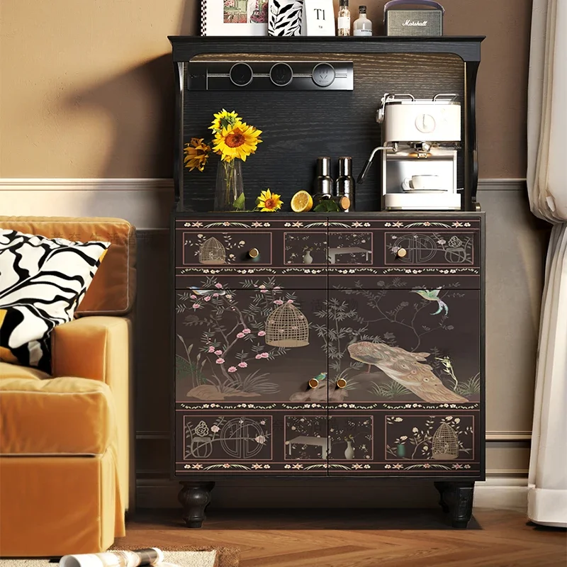 Chinese wind flower bird solid wood , cupboard against the wall integrated coffee side cabinet, black tea storage water bar