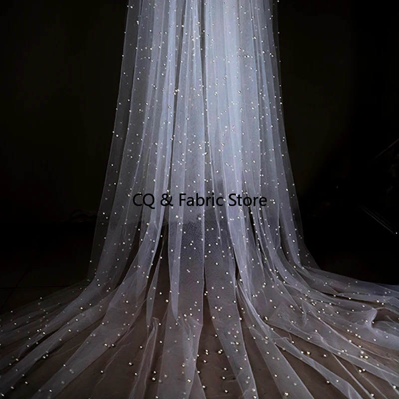 New 3 Meters Wide Pearl Beaded Gauze Fabric Diy Wedding Dress Veil Fabric