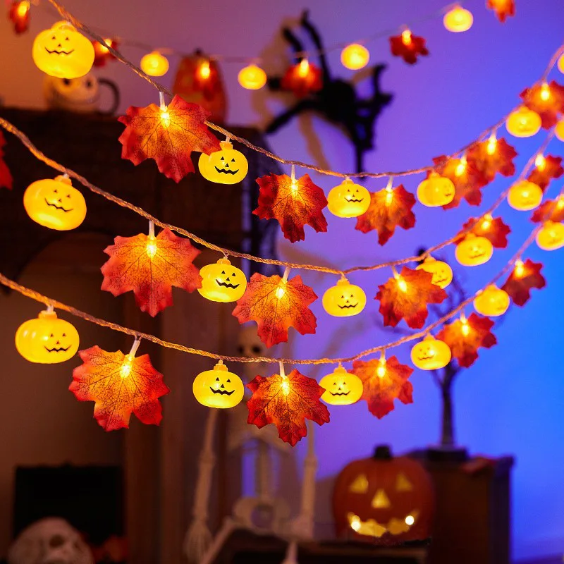 Halloween Pumpkin String Lights Maple Leaf Fairy Lights, Battery Operated Fall Decor Lights for Indoor Party Yard