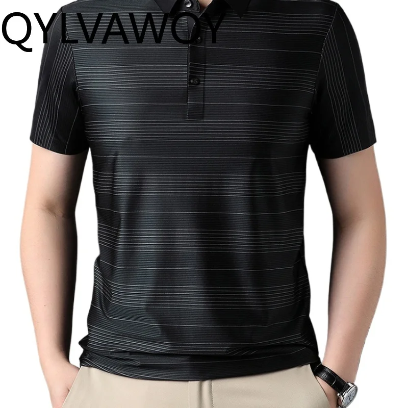 

QYLVAWOY 100% Mulberry Silk T-Shirts for Men Clothing Thin Style Summer Mens T Shirts Short Sleeve Top Striped T Shirts 2024