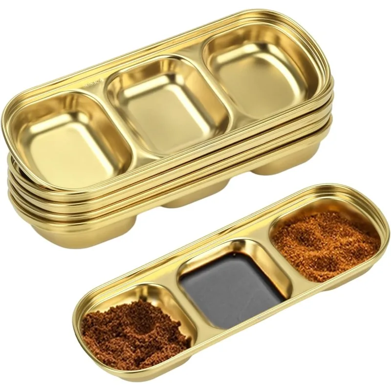 Plato para salsa de soja de acero inoxidable con compartimentos divididos, estilo coreano, 2/3 compartimentos, bandeja para condimentos para barbacoa, vinagre, especias, sal