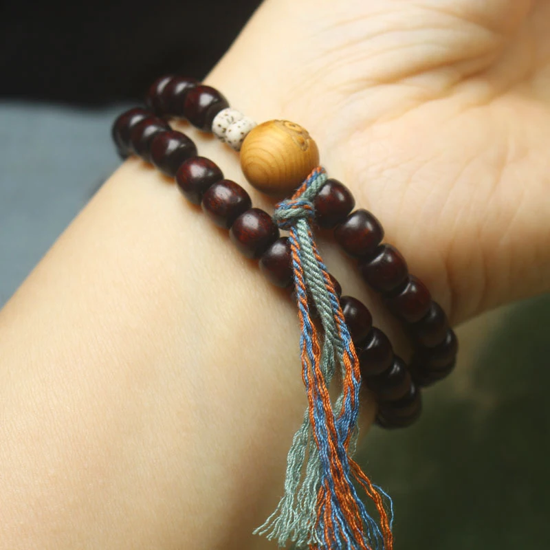 Zambian rosewood blood sandalwood vintage-style beads double-loop bracelet with cat head design, simple cultural and artisti