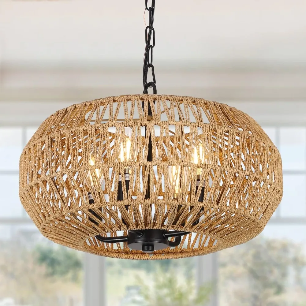 

Farmhouse Rattan Pendant Lights, Light Boho Chandelier Light Fixture, Wicker Hand Woven Basket Pendant Hanging